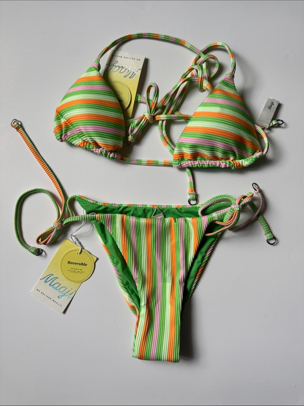 Rainbow Stripe Sunning Low Rise Tie Side Reversible Bikini Set